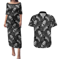 Grayscale Monstera Couples Matching Puletasi and Hawaiian Shirt Polynesian Tribal Pattern LT01 Black - Polynesian Pride