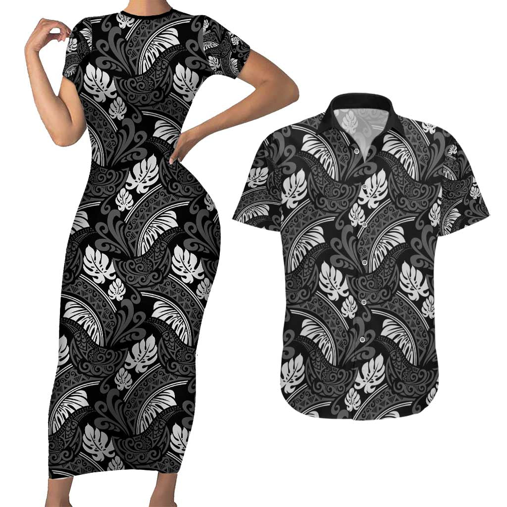 Grayscale Monstera Couples Matching Short Sleeve Bodycon Dress and Hawaiian Shirt Polynesian Tribal Pattern LT01 Black - Polynesian Pride