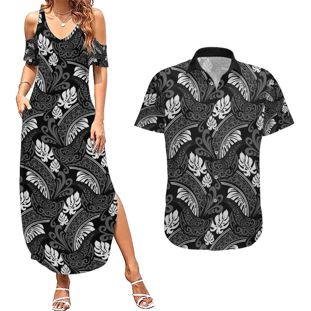 Grayscale Monstera Couples Matching Summer Maxi Dress and Hawaiian Shirt Polynesian Tribal Pattern LT01 Black - Polynesian Pride