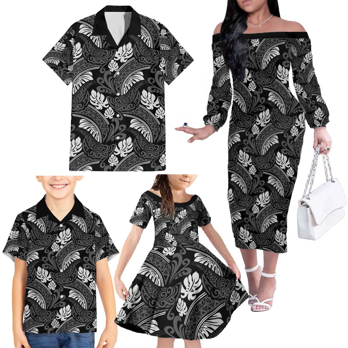 Grayscale Monstera Family Matching Off The Shoulder Long Sleeve Dress and Hawaiian Shirt Polynesian Tribal Pattern LT01 - Polynesian Pride