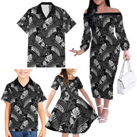 Grayscale Monstera Family Matching Off The Shoulder Long Sleeve Dress and Hawaiian Shirt Polynesian Tribal Pattern LT01 - Polynesian Pride