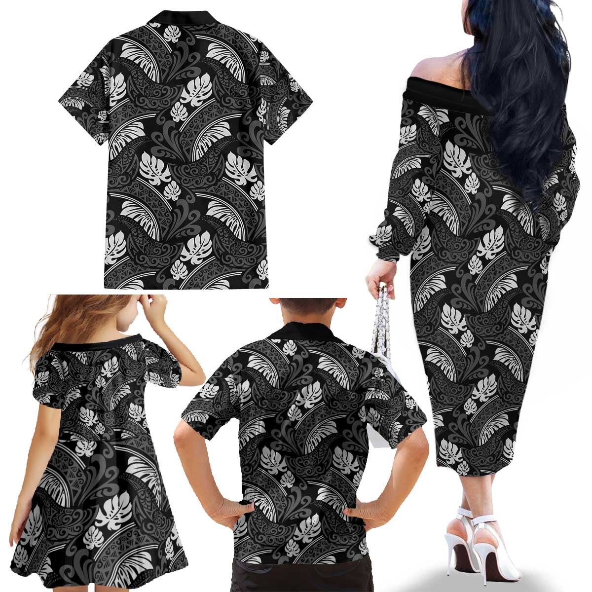 Grayscale Monstera Family Matching Off The Shoulder Long Sleeve Dress and Hawaiian Shirt Polynesian Tribal Pattern LT01 - Polynesian Pride