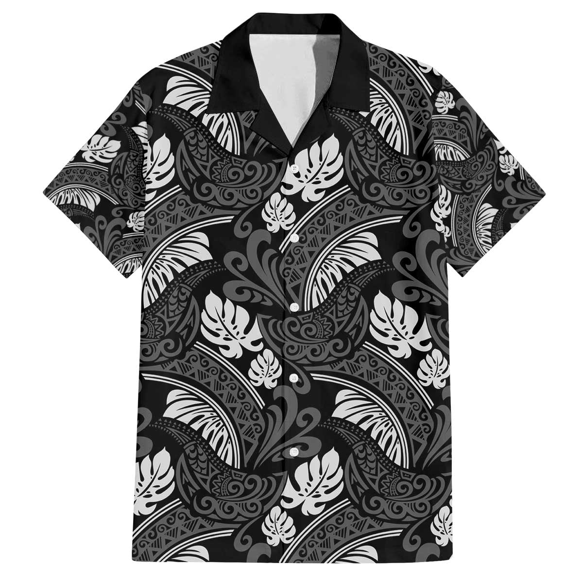 Grayscale Monstera Family Matching Off The Shoulder Long Sleeve Dress and Hawaiian Shirt Polynesian Tribal Pattern LT01 Dad's Shirt - Short Sleeve Black - Polynesian Pride