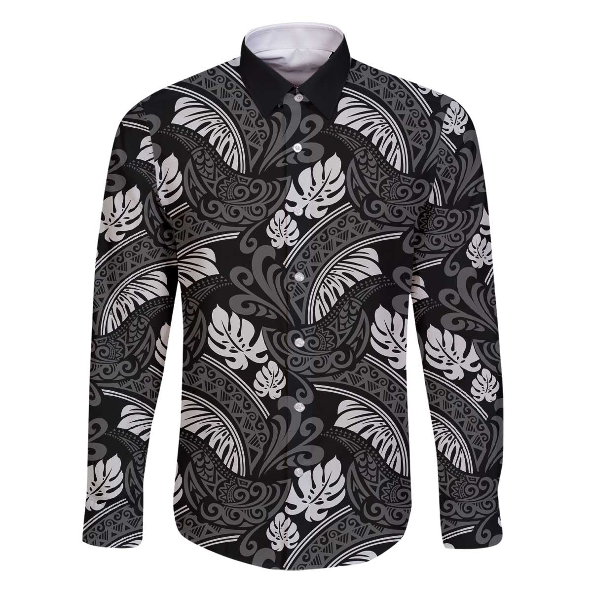 Grayscale Monstera Family Matching Off The Shoulder Long Sleeve Dress and Hawaiian Shirt Polynesian Tribal Pattern LT01 Dad's Shirt - Long Sleeve Black - Polynesian Pride