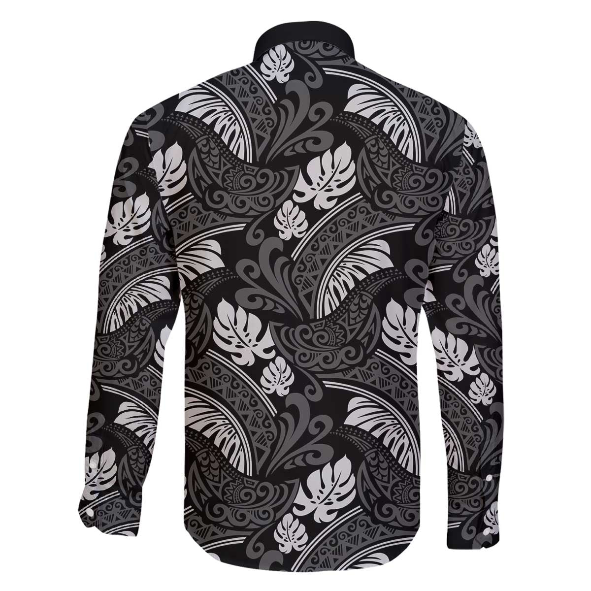 Grayscale Monstera Family Matching Off The Shoulder Long Sleeve Dress and Hawaiian Shirt Polynesian Tribal Pattern LT01 - Polynesian Pride