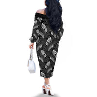 Grayscale Monstera Family Matching Off The Shoulder Long Sleeve Dress and Hawaiian Shirt Polynesian Tribal Pattern LT01 - Polynesian Pride