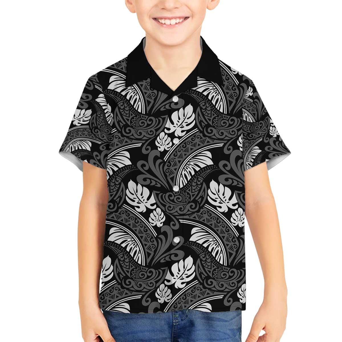 Grayscale Monstera Family Matching Off The Shoulder Long Sleeve Dress and Hawaiian Shirt Polynesian Tribal Pattern LT01 Son's Shirt Black - Polynesian Pride