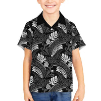 Grayscale Monstera Family Matching Off The Shoulder Long Sleeve Dress and Hawaiian Shirt Polynesian Tribal Pattern LT01 Son's Shirt Black - Polynesian Pride