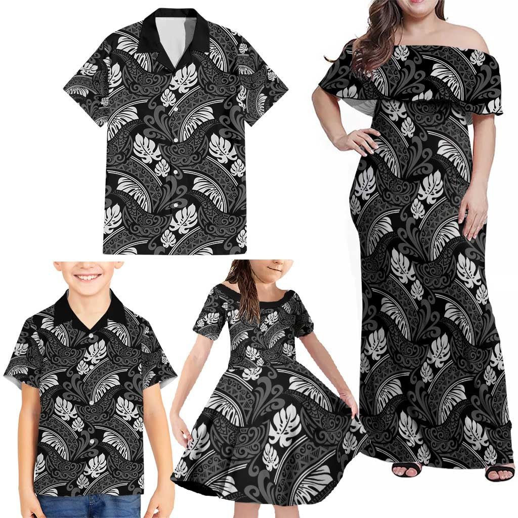Grayscale Monstera Family Matching Off Shoulder Maxi Dress and Hawaiian Shirt Polynesian Tribal Pattern LT01 - Polynesian Pride