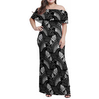 Grayscale Monstera Family Matching Off Shoulder Maxi Dress and Hawaiian Shirt Polynesian Tribal Pattern - Polynesian Pride