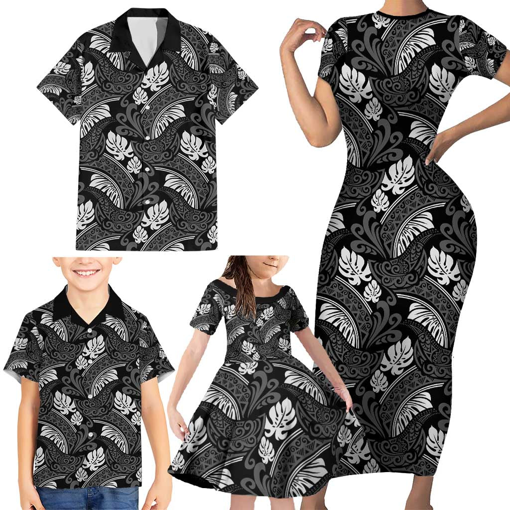 Grayscale Monstera Family Matching Short Sleeve Bodycon Dress and Hawaiian Shirt Polynesian Tribal Pattern LT01 - Polynesian Pride