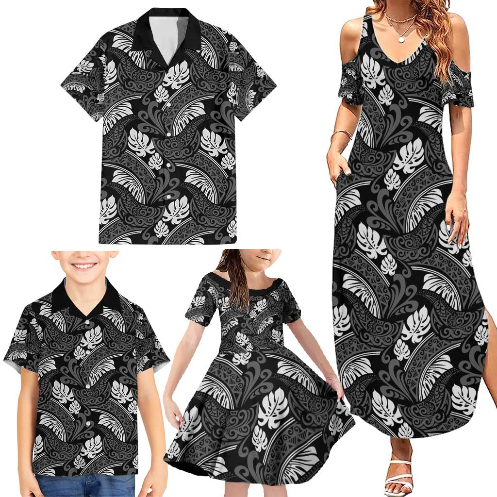 Grayscale Monstera Family Matching Summer Maxi Dress and Hawaiian Shirt Polynesian Tribal Pattern LT01 - Polynesian Pride