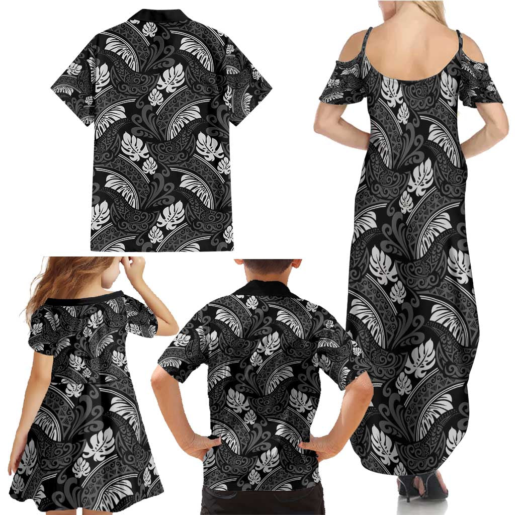 Grayscale Monstera Family Matching Summer Maxi Dress and Hawaiian Shirt Polynesian Tribal Pattern LT01 - Polynesian Pride
