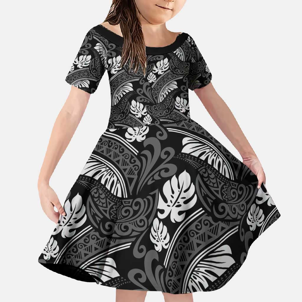Grayscale Monstera Family Matching Tank Maxi Dress and Hawaiian Shirt Polynesian Tribal Pattern LT01 Daughter's Dress Black - Polynesian Pride
