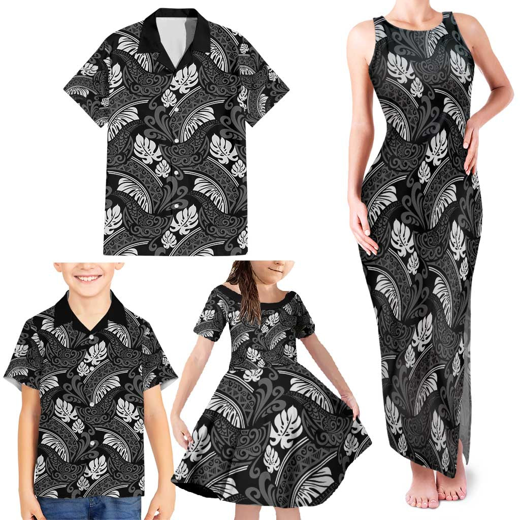 Grayscale Monstera Family Matching Tank Maxi Dress and Hawaiian Shirt Polynesian Tribal Pattern LT01 - Polynesian Pride