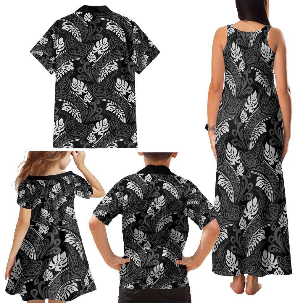 Grayscale Monstera Family Matching Tank Maxi Dress and Hawaiian Shirt Polynesian Tribal Pattern LT01 - Polynesian Pride