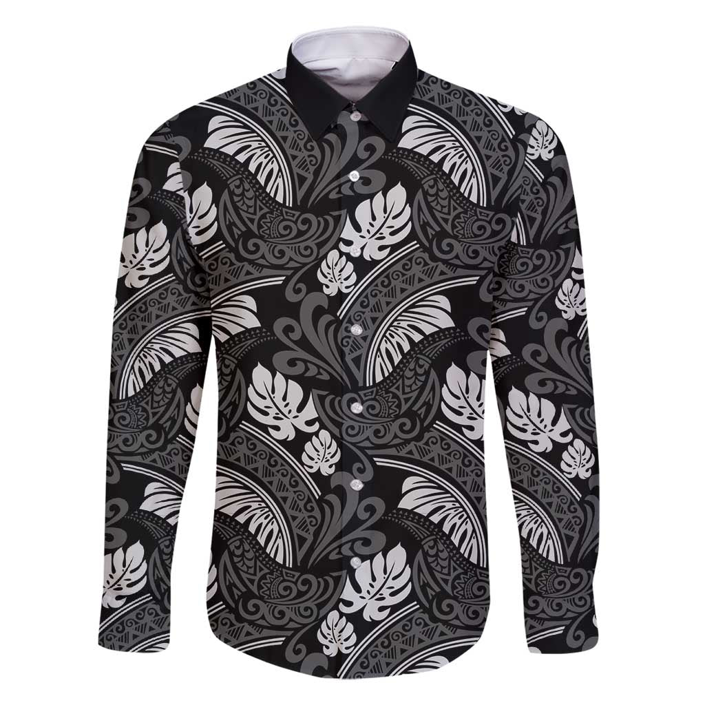Grayscale Monstera Family Matching Tank Maxi Dress and Hawaiian Shirt Polynesian Tribal Pattern LT01 Dad's Shirt - Long Sleeve Black - Polynesian Pride