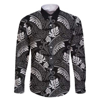 Grayscale Monstera Family Matching Tank Maxi Dress and Hawaiian Shirt Polynesian Tribal Pattern LT01 Dad's Shirt - Long Sleeve Black - Polynesian Pride