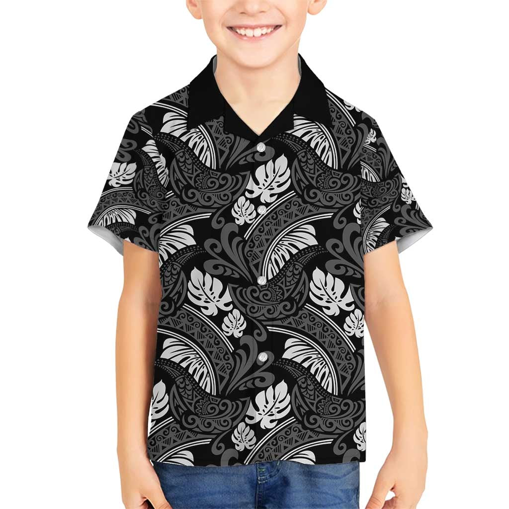 Grayscale Monstera Family Matching Tank Maxi Dress and Hawaiian Shirt Polynesian Tribal Pattern LT01 Son's Shirt Black - Polynesian Pride