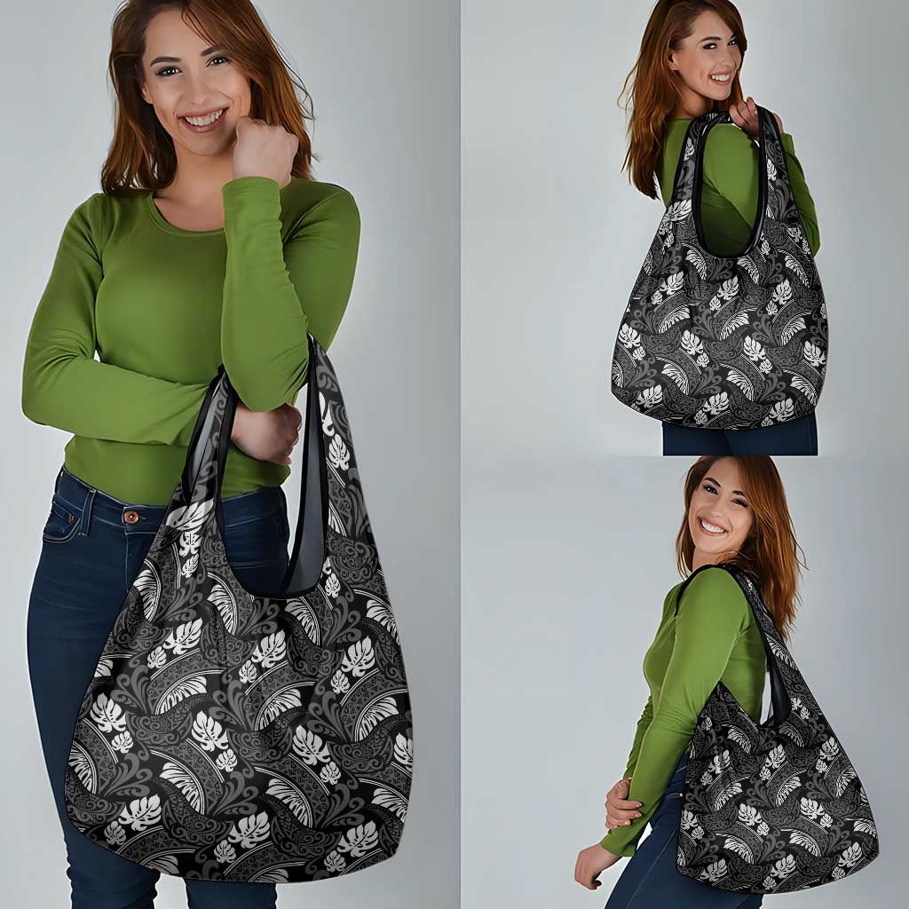 Grayscale Monstera Grocery Bag Polynesian Tribal Pattern - Polynesian Pride