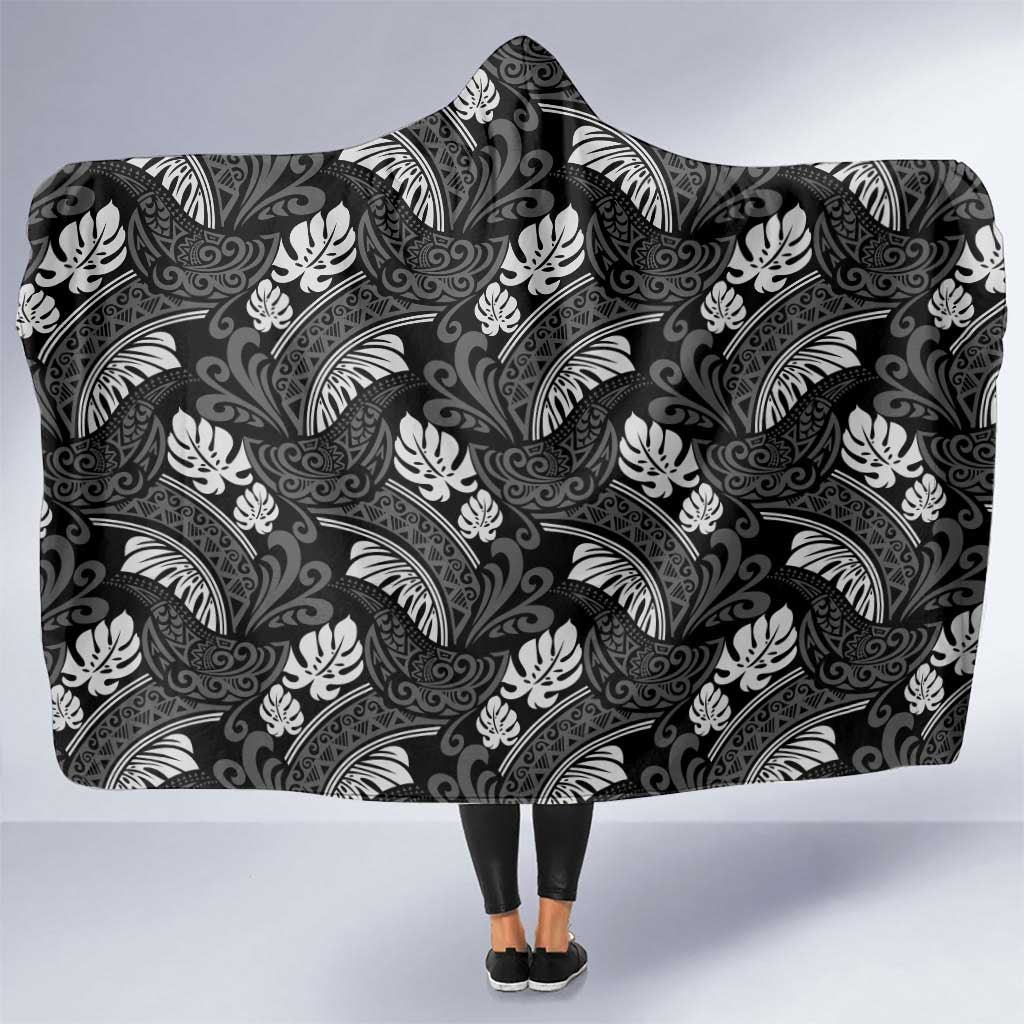 Grayscale Monstera Hooded Blanket Polynesian Tribal Pattern LT01 One Size Black - Polynesian Pride