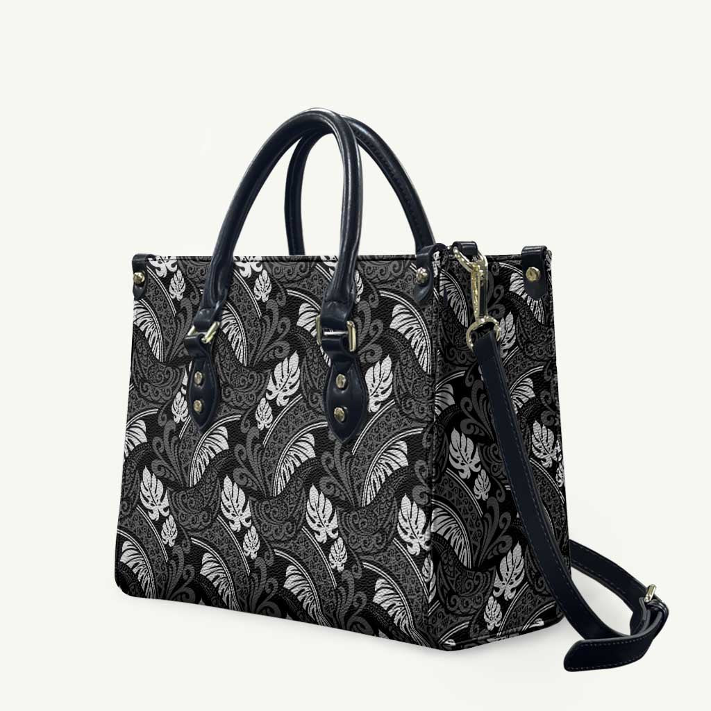 Grayscale Monstera Leather Bag Polynesian Tribal Pattern LT01 Black - Polynesian Pride