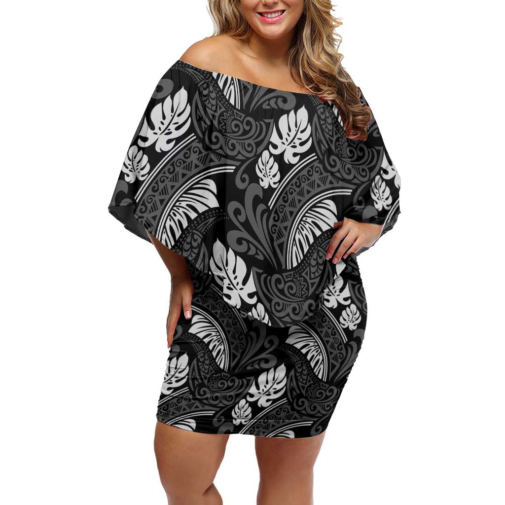 Grayscale Monstera Off Shoulder Short Dress Polynesian Tribal Pattern LT01 Women Black - Polynesian Pride