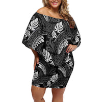 Grayscale Monstera Off Shoulder Short Dress Polynesian Tribal Pattern LT01 Women Black - Polynesian Pride