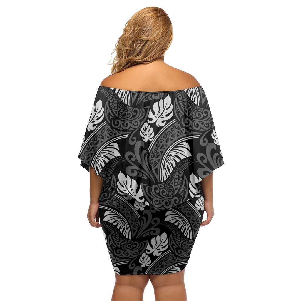 Grayscale Monstera Off Shoulder Short Dress Polynesian Tribal Pattern LT01 - Polynesian Pride
