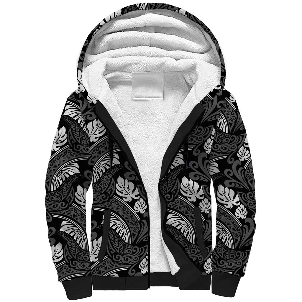 Grayscale Monstera Sherpa Hoodie Polynesian Tribal Pattern LT01 Unisex Black - Polynesian Pride