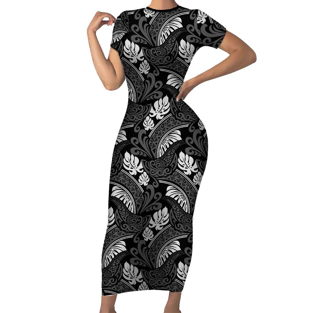 Grayscale Monstera Short Sleeve Bodycon Dress Polynesian Tribal Pattern LT01 Long Dress Black - Polynesian Pride