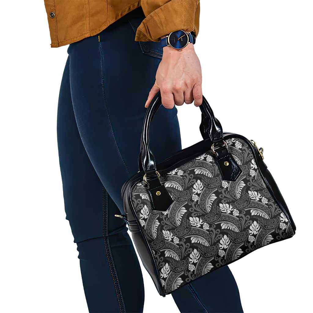 Grayscale Monstera Shoulder Handbag Polynesian Tribal Pattern - Polynesian Pride