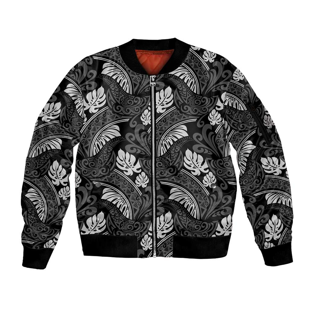Grayscale Monstera Sleeve Zip Bomber Jacket Polynesian Tribal Pattern LT01 Unisex Black - Polynesian Pride