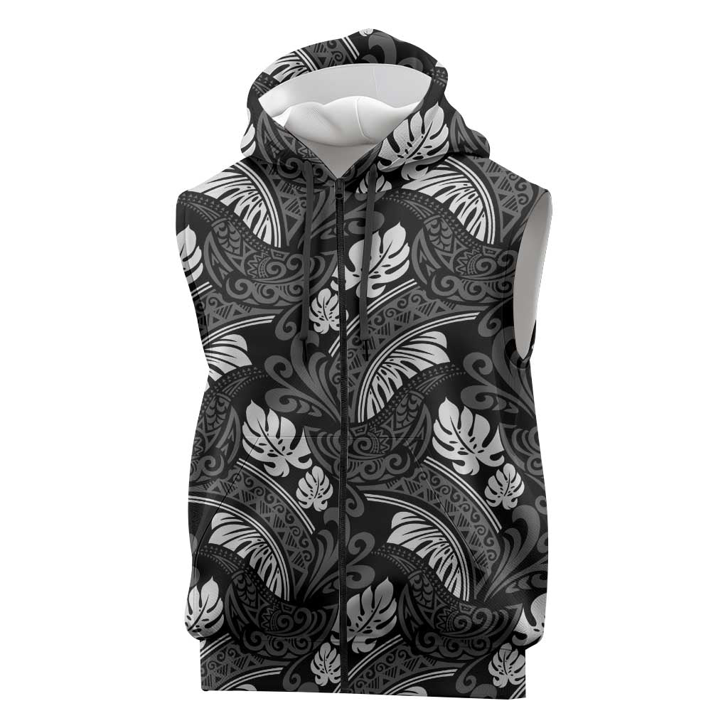 Grayscale Monstera Sleeveless Zip Hoodie Polynesian Tribal Pattern LT01 Black - Polynesian Pride