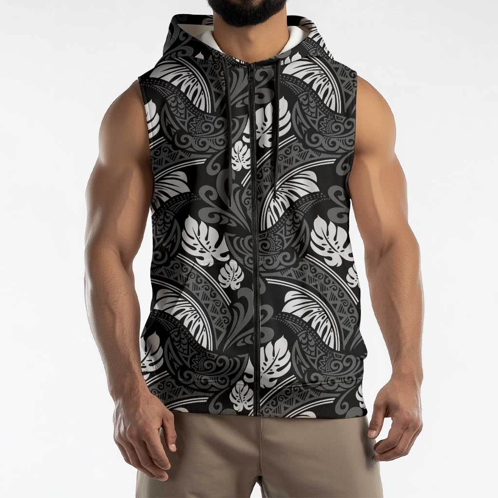 Grayscale Monstera Sleeveless Zip Hoodie Polynesian Tribal Pattern - Polynesian Pride