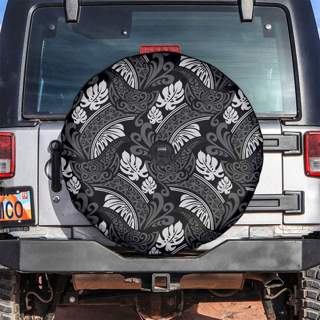 Grayscale Monstera Spare Tire Cover Polynesian Tribal Pattern LT01 Black - Polynesian Pride