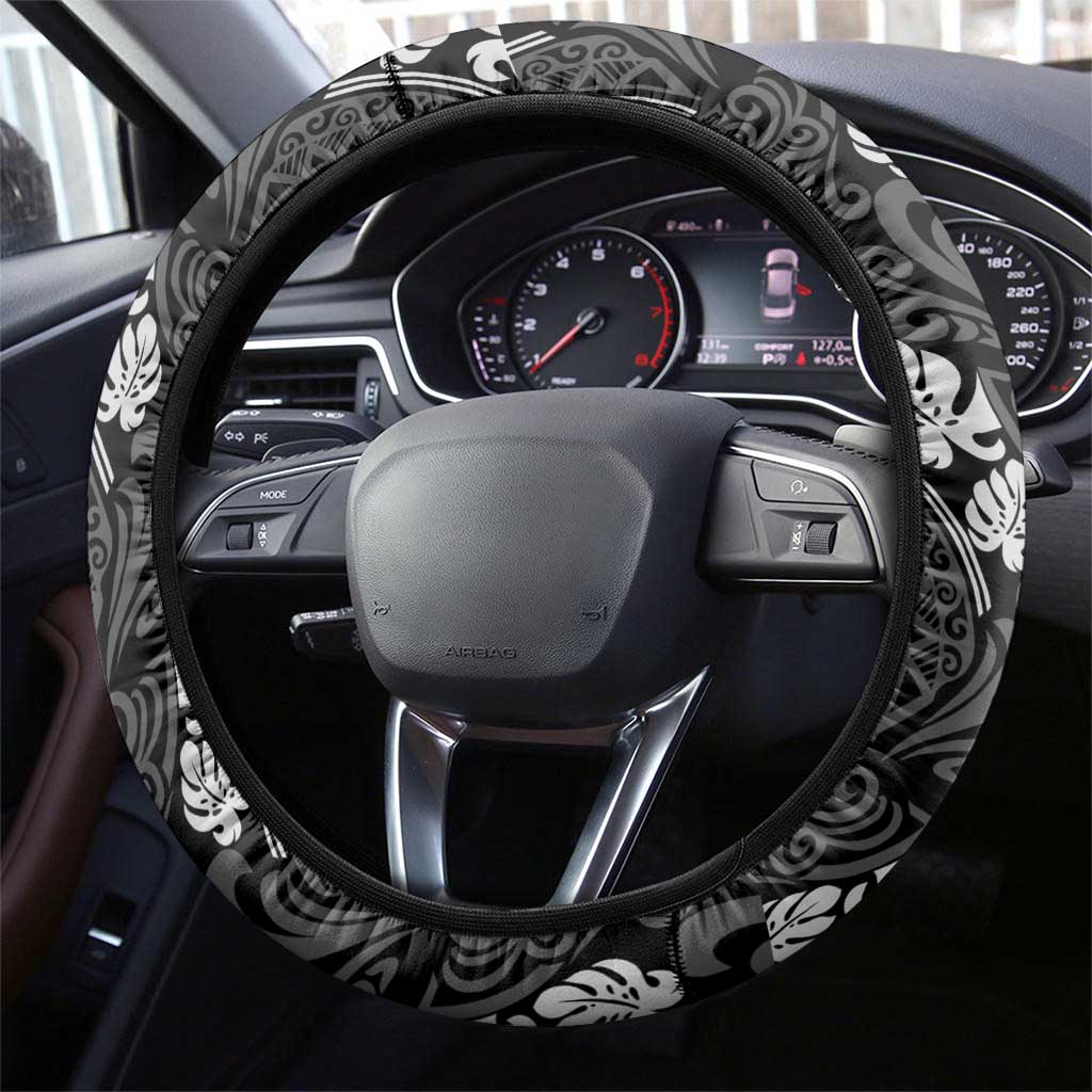 Grayscale Monstera Steering Wheel Cover Polynesian Tribal Pattern - Polynesian Pride