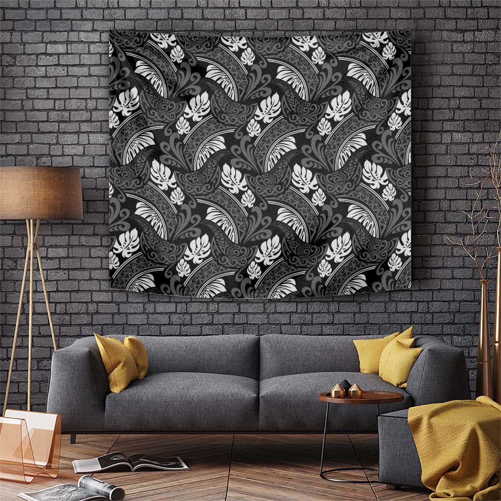 Grayscale Monstera Tapestry Polynesian Tribal Pattern LT01 Black - Polynesian Pride
