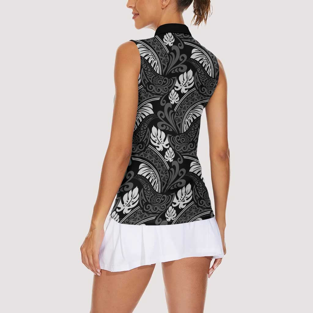 Grayscale Monstera Women Sleeveless Polo Shirt Polynesian Tribal Pattern - Polynesian Pride