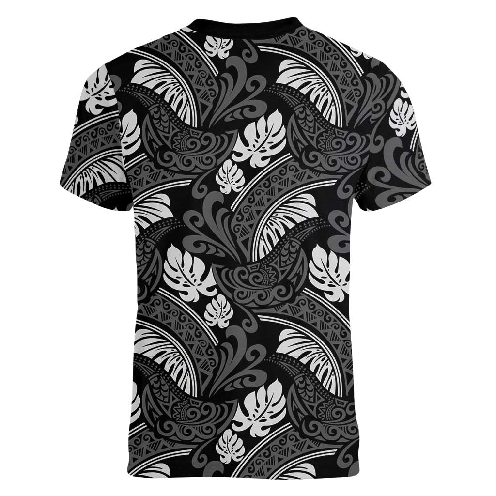 Grayscale Monstera Women V-Neck T-Shirt Polynesian Tribal Pattern - Polynesian Pride