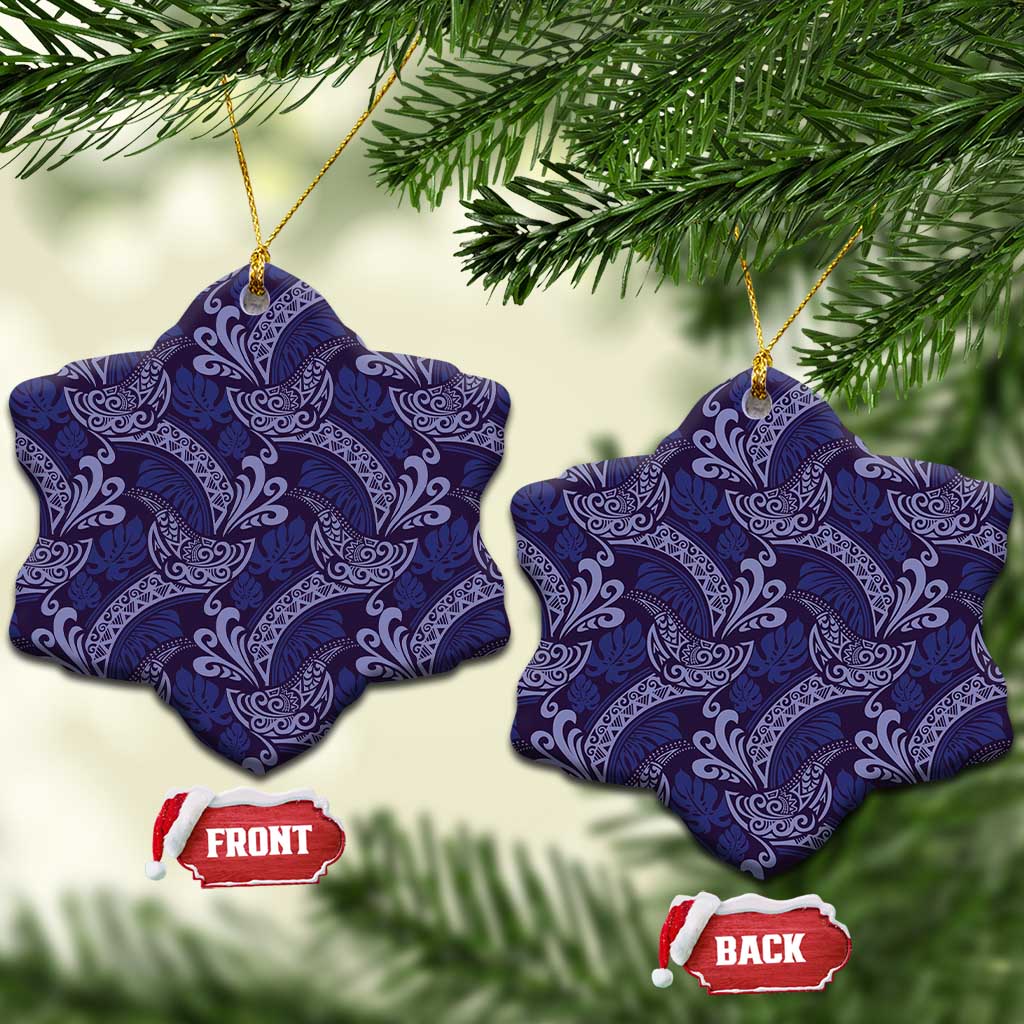 Deep Blue Monstera Ceramic Ornament Polynesian Tribal Pattern - Polynesian Pride