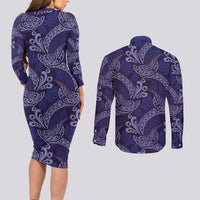 Deep Blue Monstera Couples Matching Long Sleeve Bodycon Dress and Long Sleeve Button Shirt Polynesian Tribal Pattern LT01 - Polynesian Pride