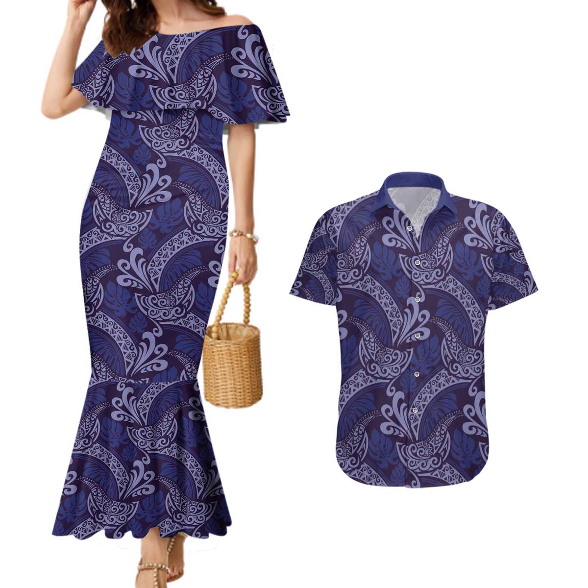Deep Blue Monstera Couples Matching Mermaid Dress and Hawaiian Shirt Polynesian Tribal Pattern LT01 Blue - Polynesian Pride