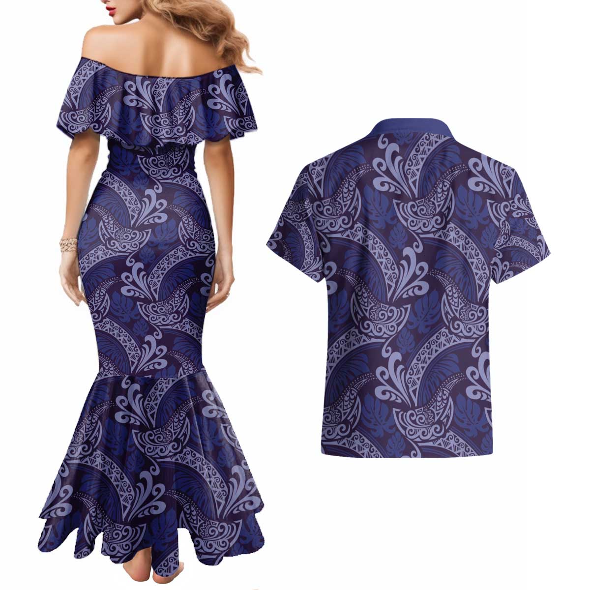 Deep Blue Monstera Couples Matching Mermaid Dress and Hawaiian Shirt Polynesian Tribal Pattern LT01 - Polynesian Pride