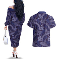 Deep Blue Monstera Couples Matching Off The Shoulder Long Sleeve Dress and Hawaiian Shirt Polynesian Tribal Pattern LT01 - Polynesian Pride