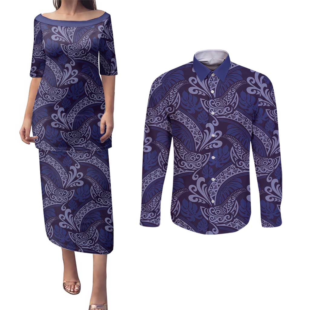 Deep Blue Monstera Couples Matching Puletasi and Long Sleeve Button Shirt Polynesian Tribal Pattern - Polynesian Pride
