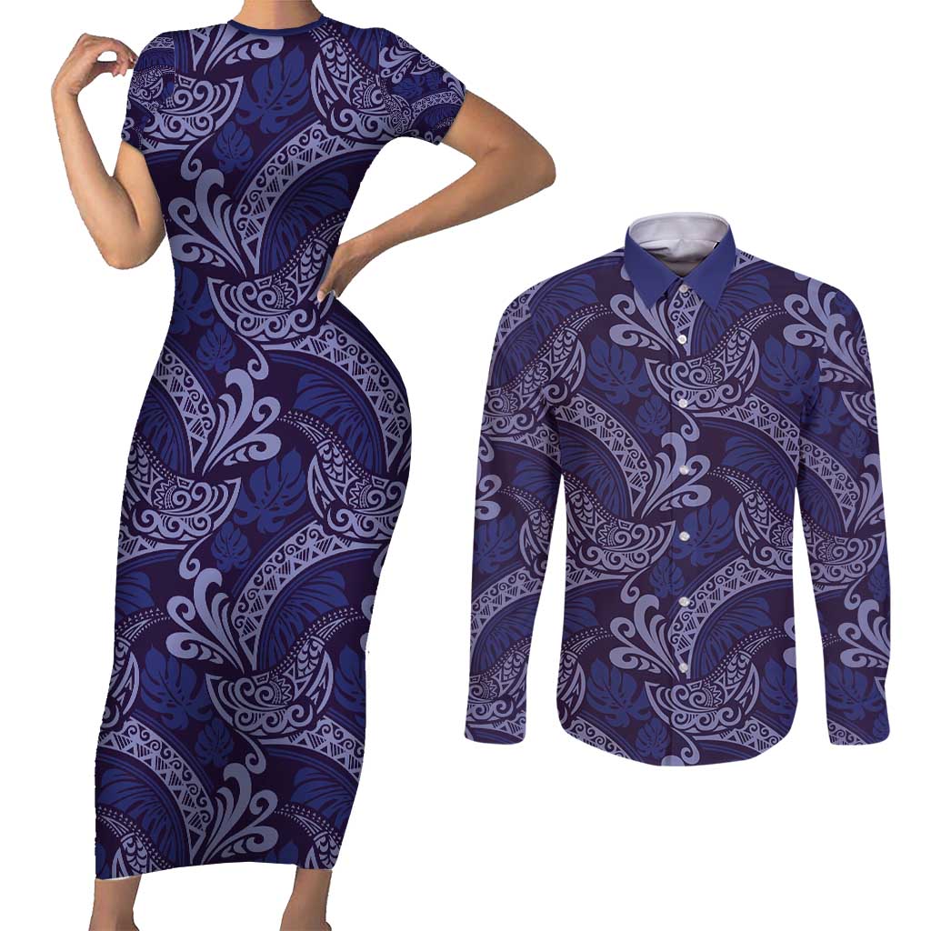 Deep Blue Monstera Couples Matching Short Sleeve Bodycon Dress and Long Sleeve Button Shirt Polynesian Tribal Pattern LT01 Blue - Polynesian Pride