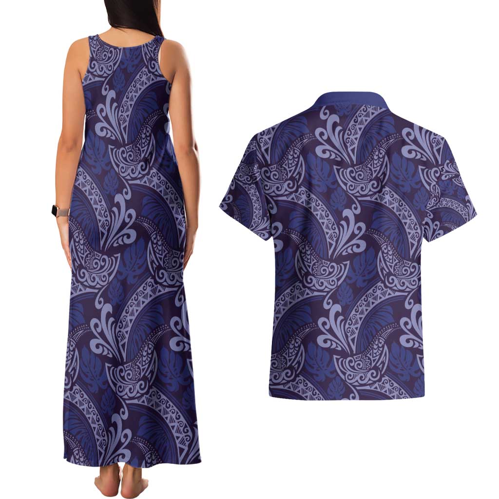 Deep Blue Monstera Couples Matching Tank Maxi Dress and Hawaiian Shirt Polynesian Tribal Pattern LT01 - Polynesian Pride