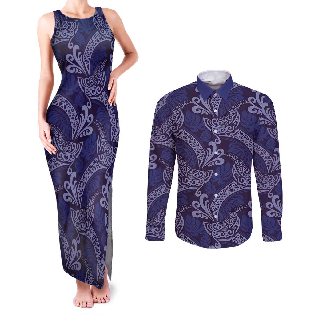 Deep Blue Monstera Couples Matching Tank Maxi Dress and Long Sleeve Button Shirt Polynesian Tribal Pattern LT01 Blue - Polynesian Pride