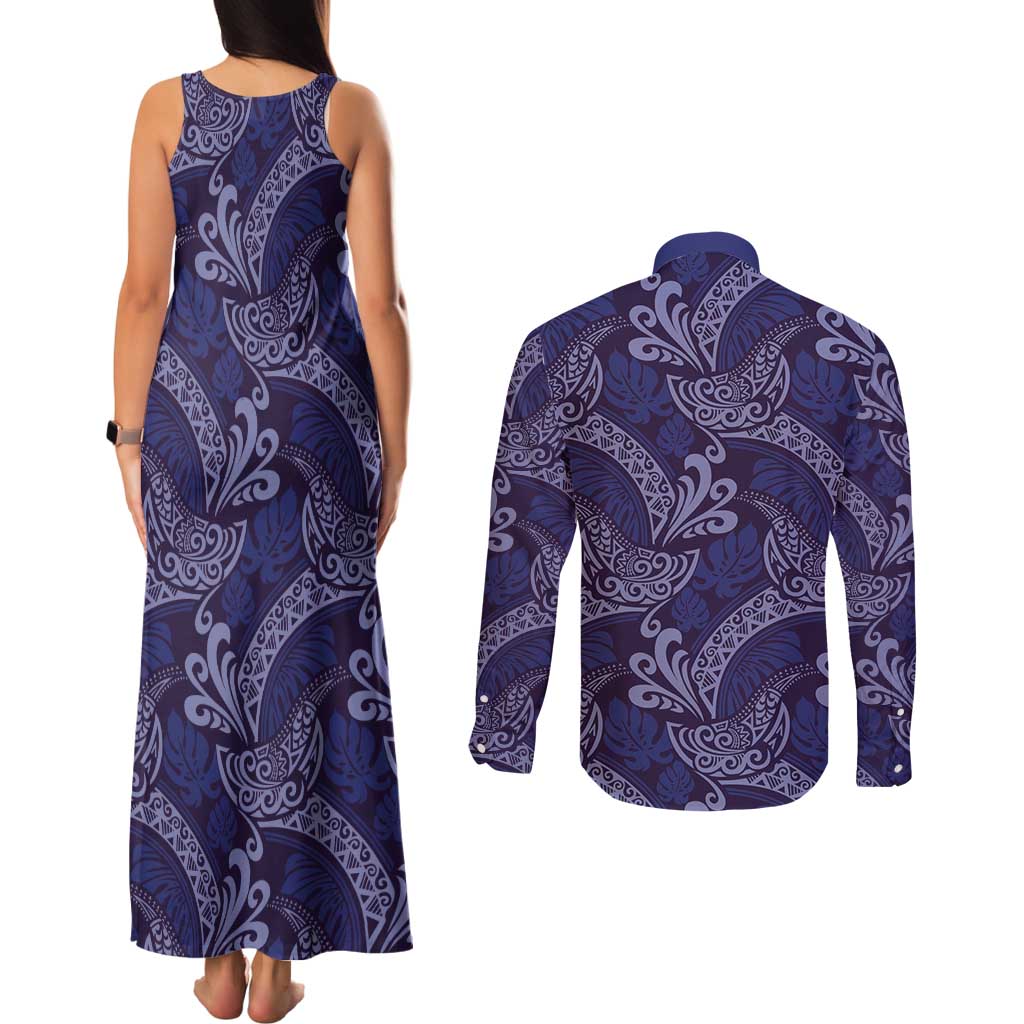 Deep Blue Monstera Couples Matching Tank Maxi Dress and Long Sleeve Button Shirt Polynesian Tribal Pattern LT01 - Polynesian Pride